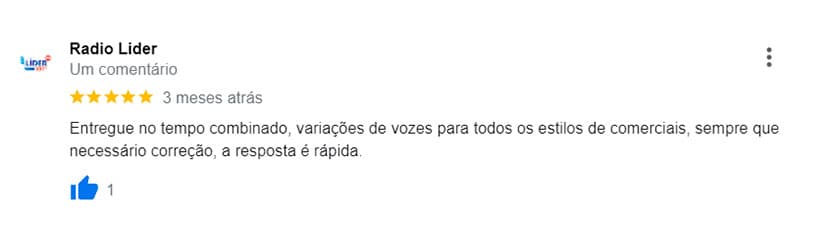 Avaliação feita por um de nossos clientes no Google