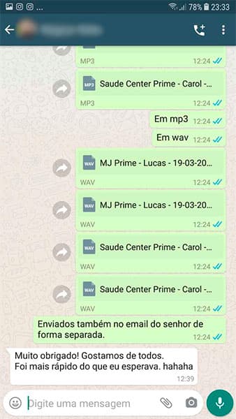 Avaliação feita por um de nossos clientes no Whatsapp