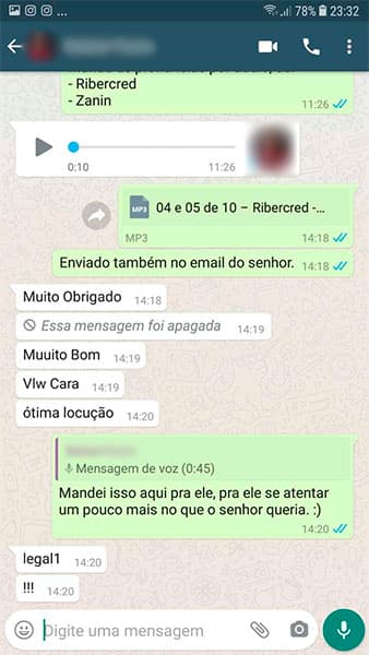 Avaliação feita por um de nossos clientes no Whatsapp