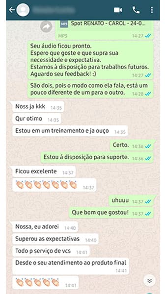 Avaliação feita por um de nossos clientes no Whatsapp