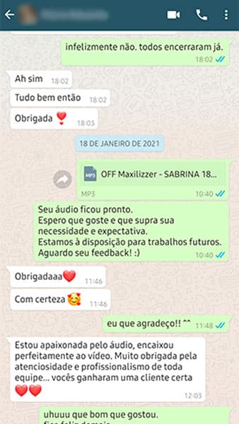 Avaliação feita por um de nossos clientes no Whatsapp