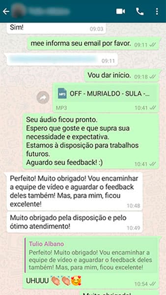 Avaliação feita por um de nossos clientes no Whatsapp