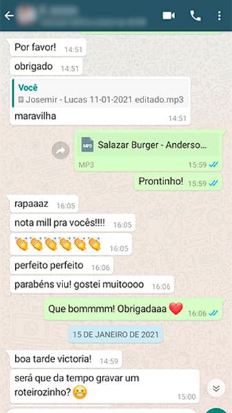 Avaliação feita por um de nossos clientes no Whatsapp