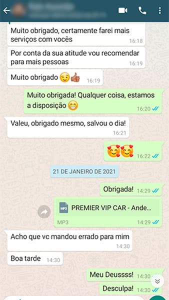 Avaliação feita por um de nossos clientes no Whatsapp