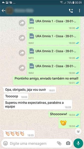 Avaliação feita por um de nossos clientes no Whatsapp