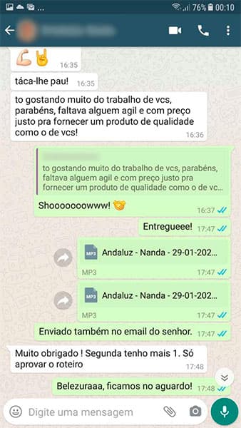 Avaliação feita por um de nossos clientes no Whatsapp