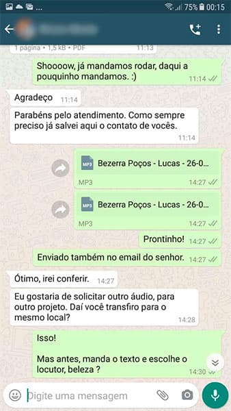 Avaliação feita por um de nossos clientes no Whatsapp